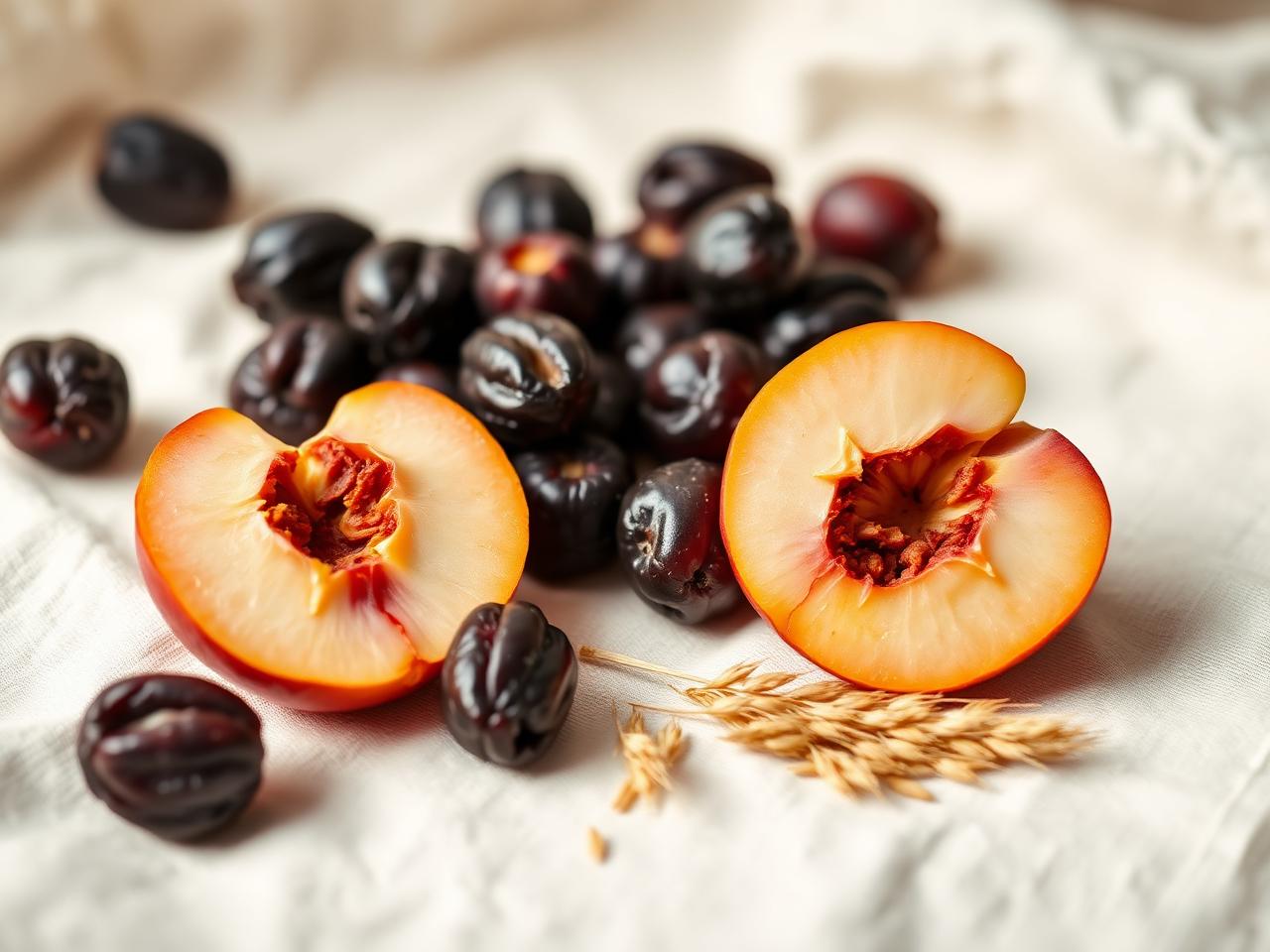 Fresh prunes, white peach and Japanese black vinegar